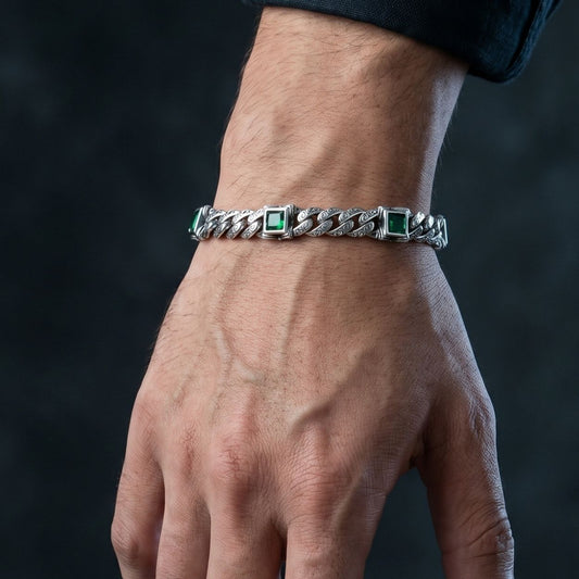 Emerald Zirconia Vintage Engraved Cuban Bracelet