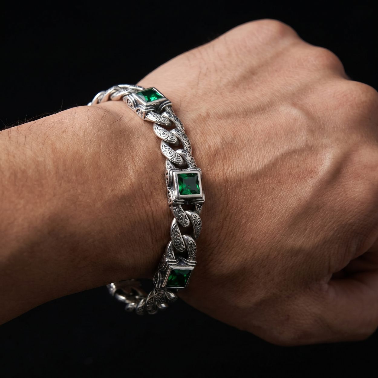 Emerald Zirconia Vintage Engraved Cuban Bracelet