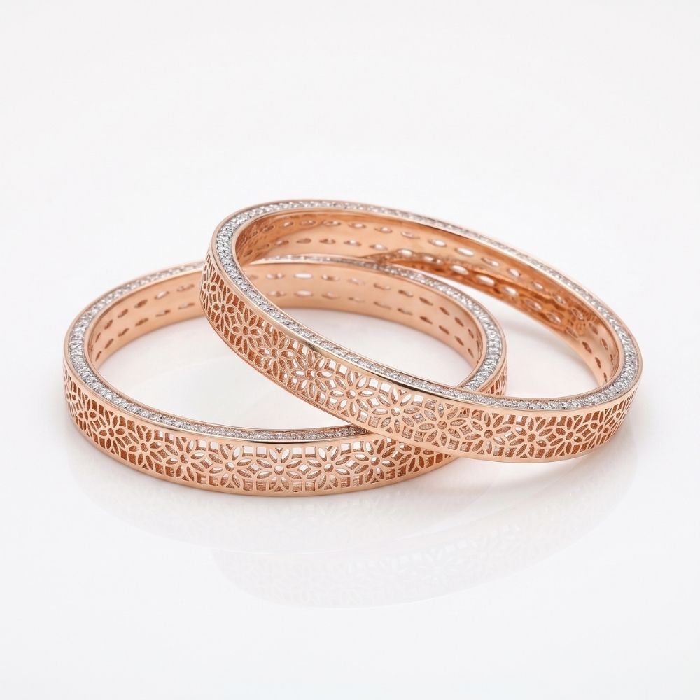 Rose Gold Floral Filigree Pavé Edge Bangle Set