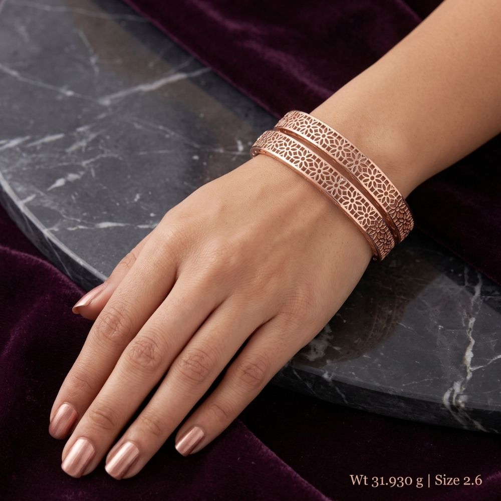 Rose Gold Floral Filigree Pavé Edge Bangle Set