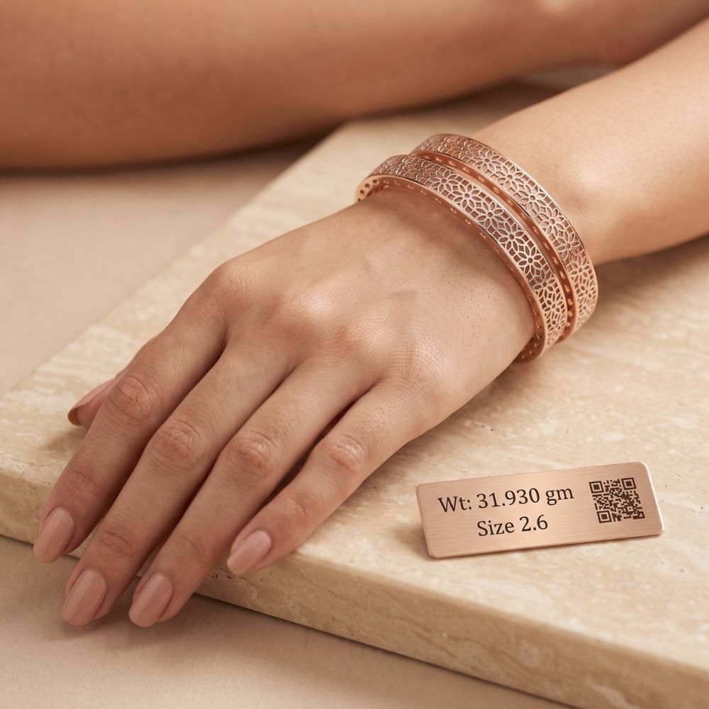 Rose Gold Floral Filigree Pavé Edge Bangle Set