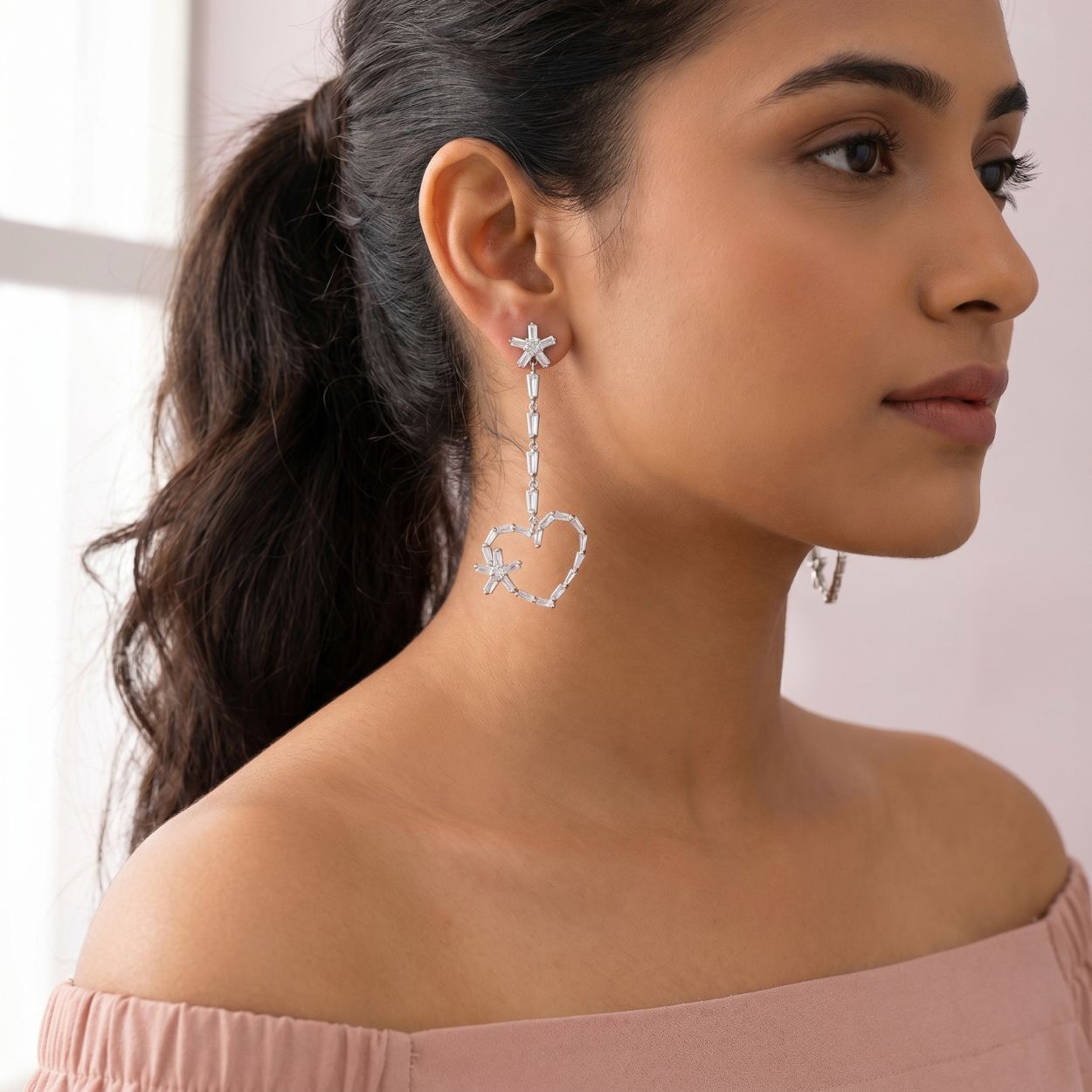 Star Heart Baguette Drop Earrings