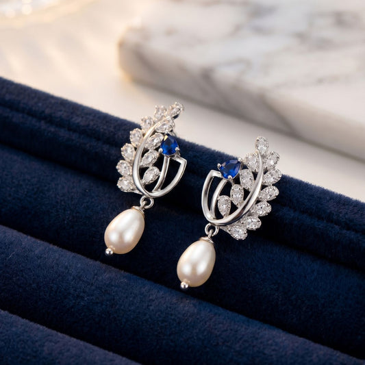 925 Silver Leaf Motif Pearl Drop Earrings with Zircon & Blue Accent