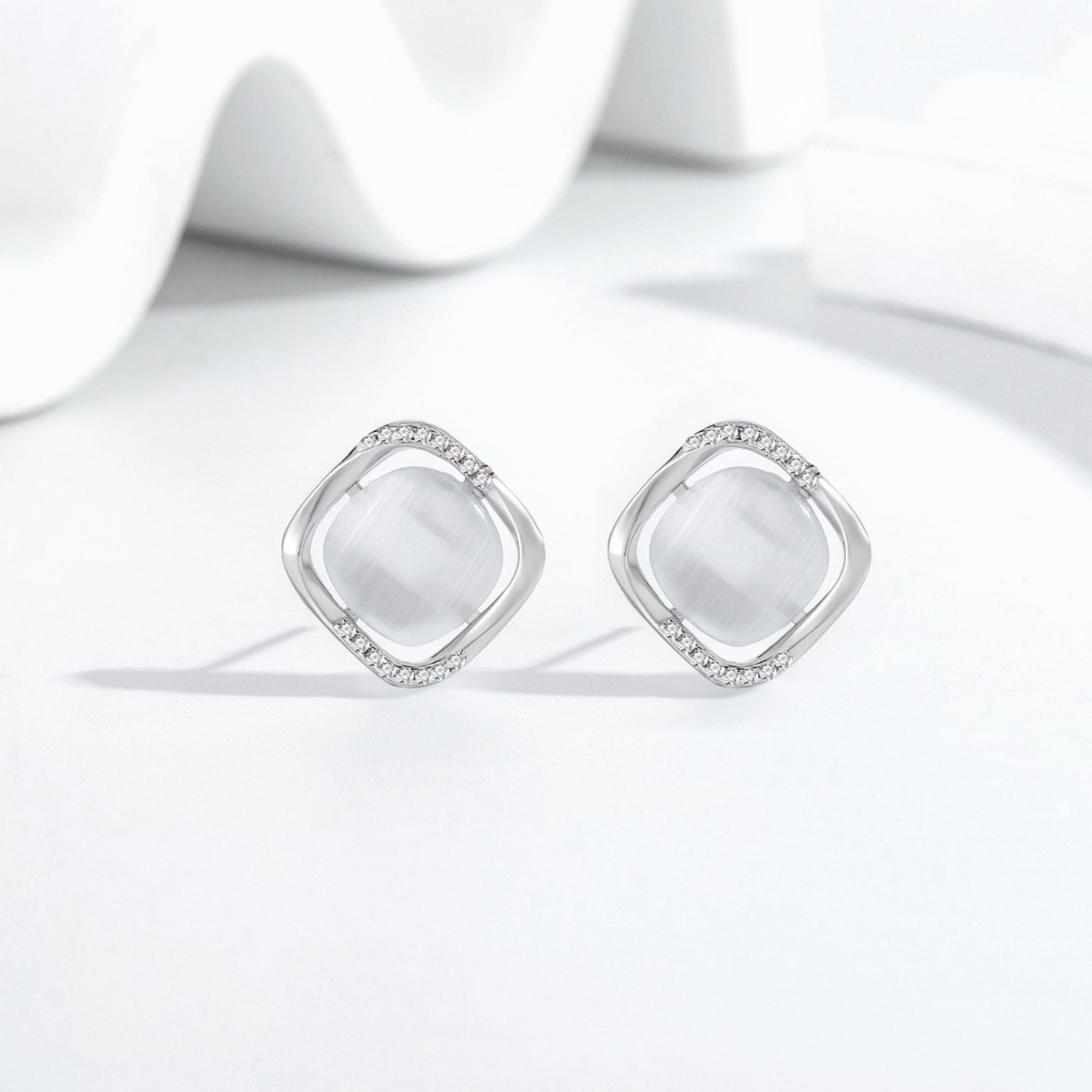 Moonstone Square Halo Stud Earrings