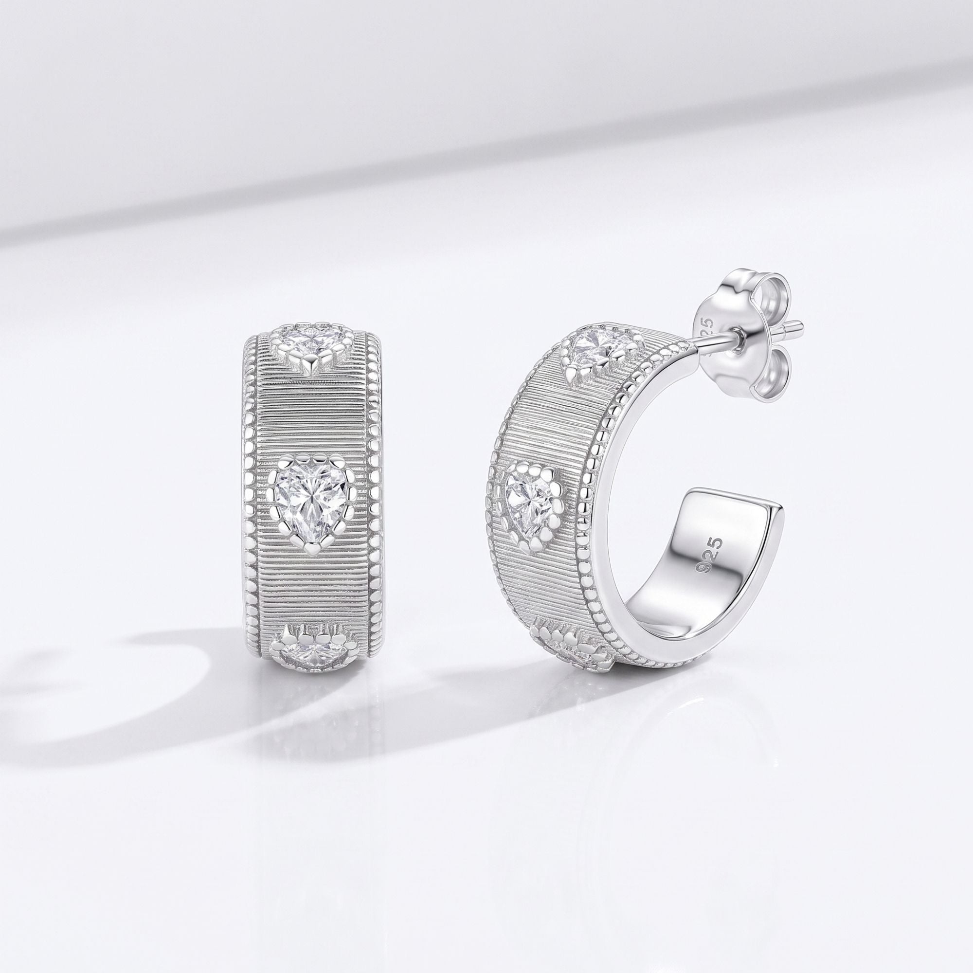 Ribbed Heart CZ Chunky Hoop Earrings
