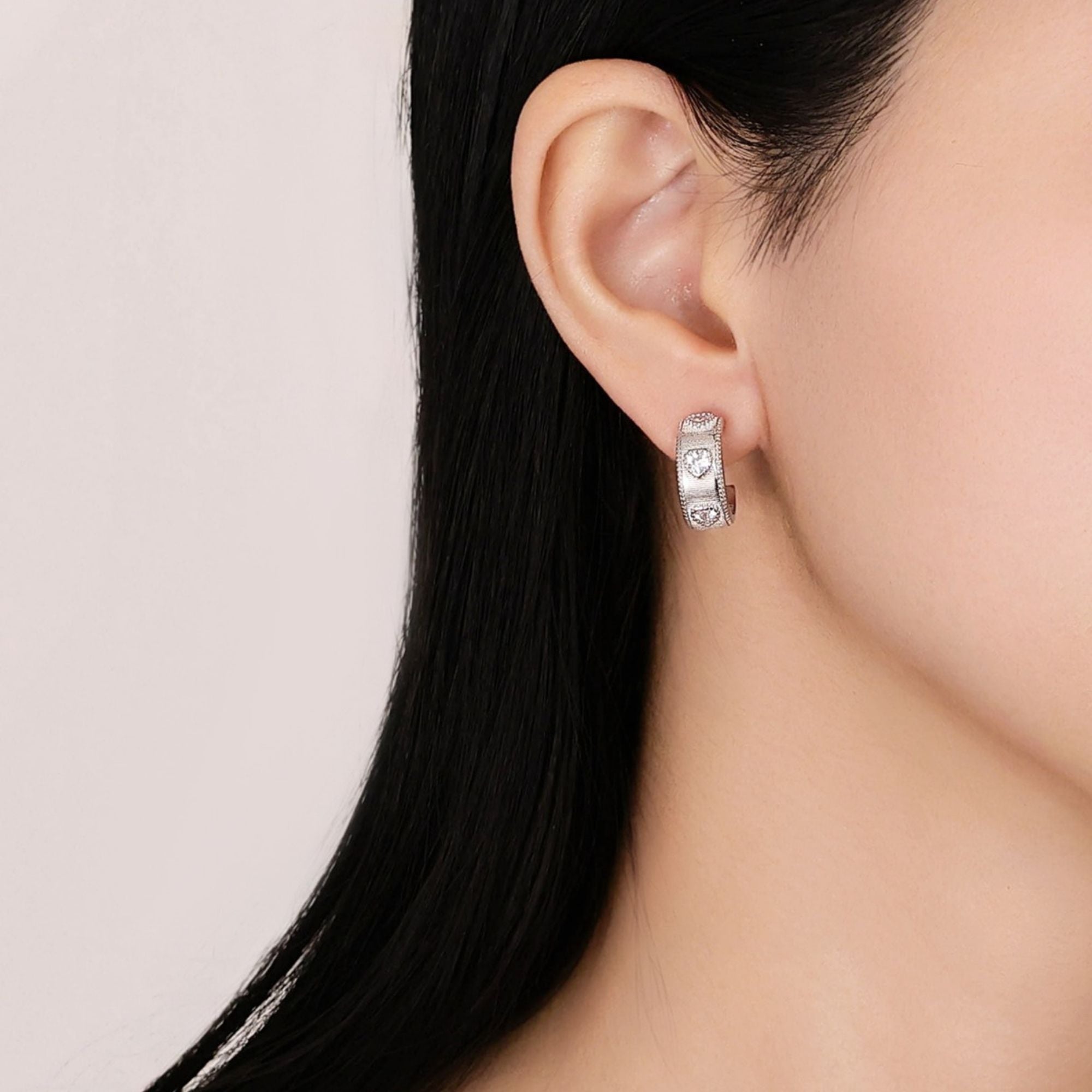 Ribbed Heart CZ Chunky Hoop Earrings
