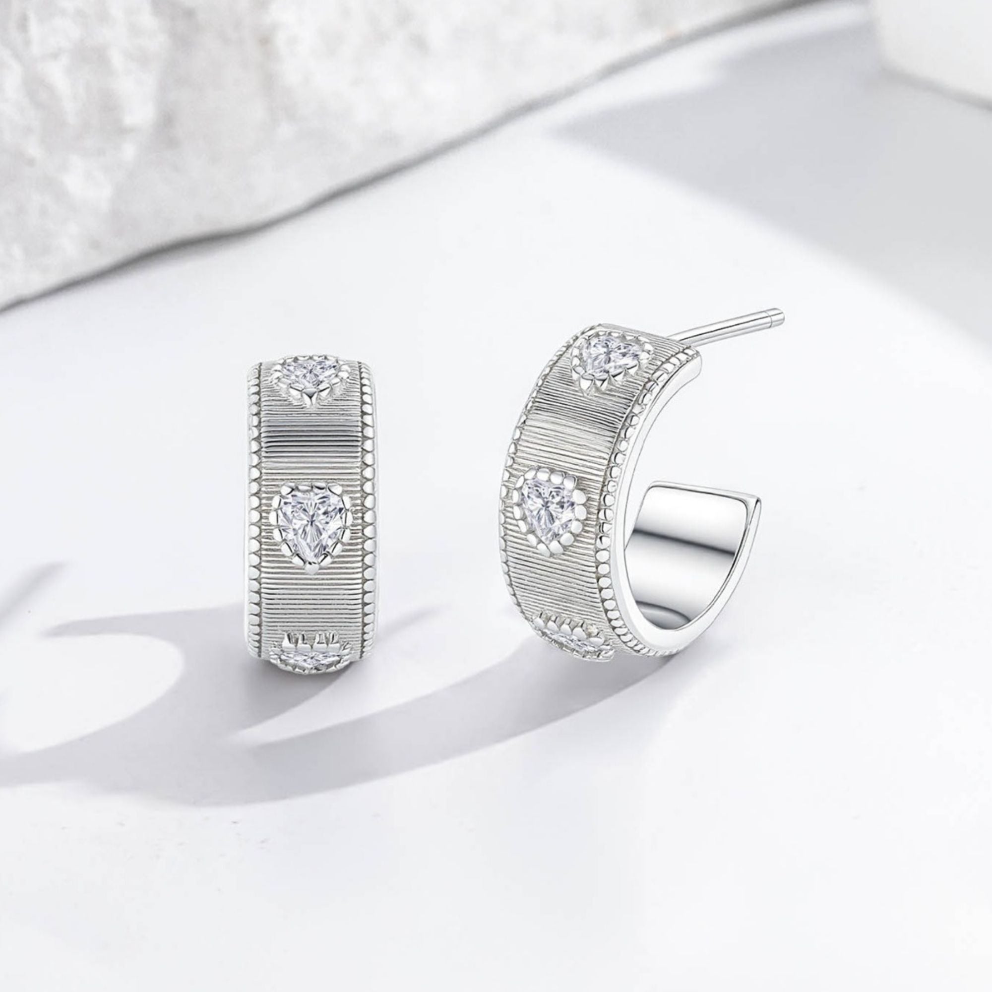 Ribbed Heart CZ Chunky Hoop Earrings
