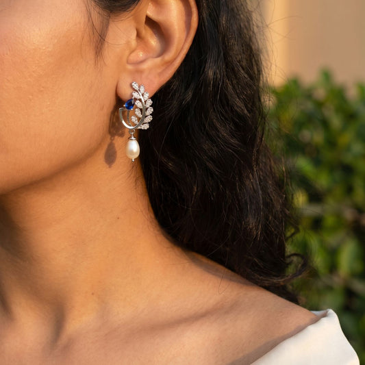 925 Silver Leaf Motif Pearl Drop Earrings with Zircon & Blue Accent