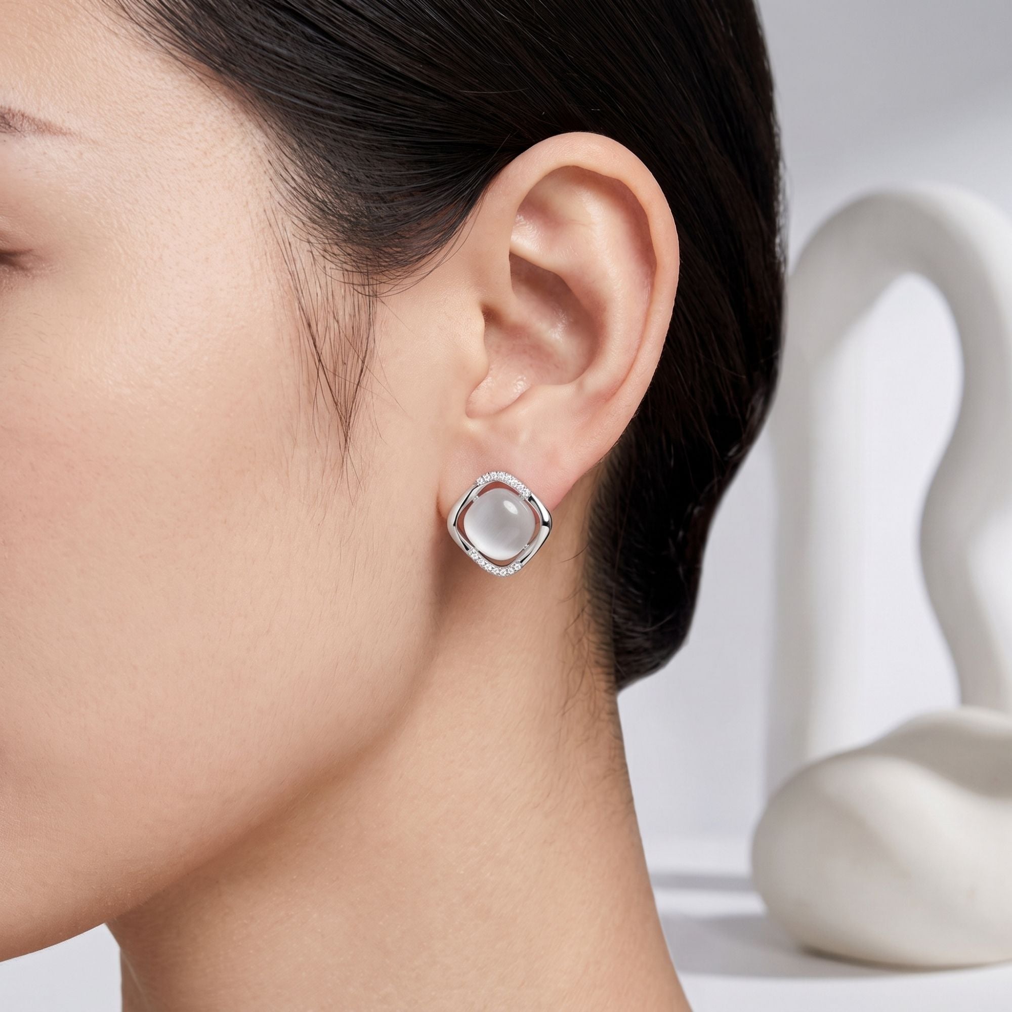 Moonstone Square Halo Stud Earrings