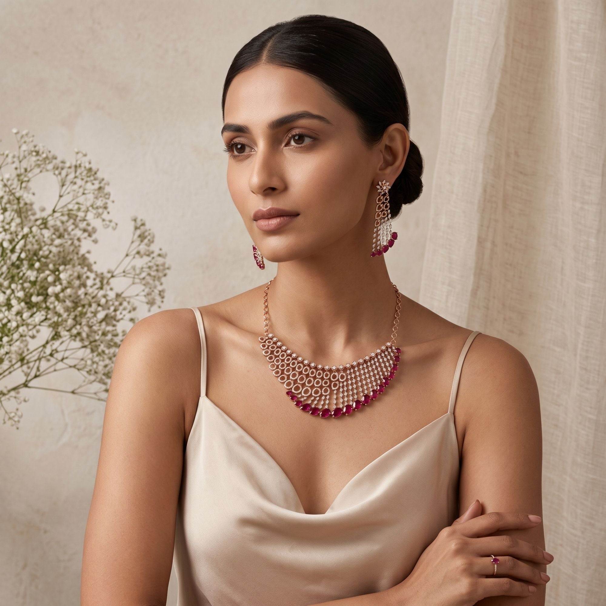 Ruby Cascade Bridal Necklace Set