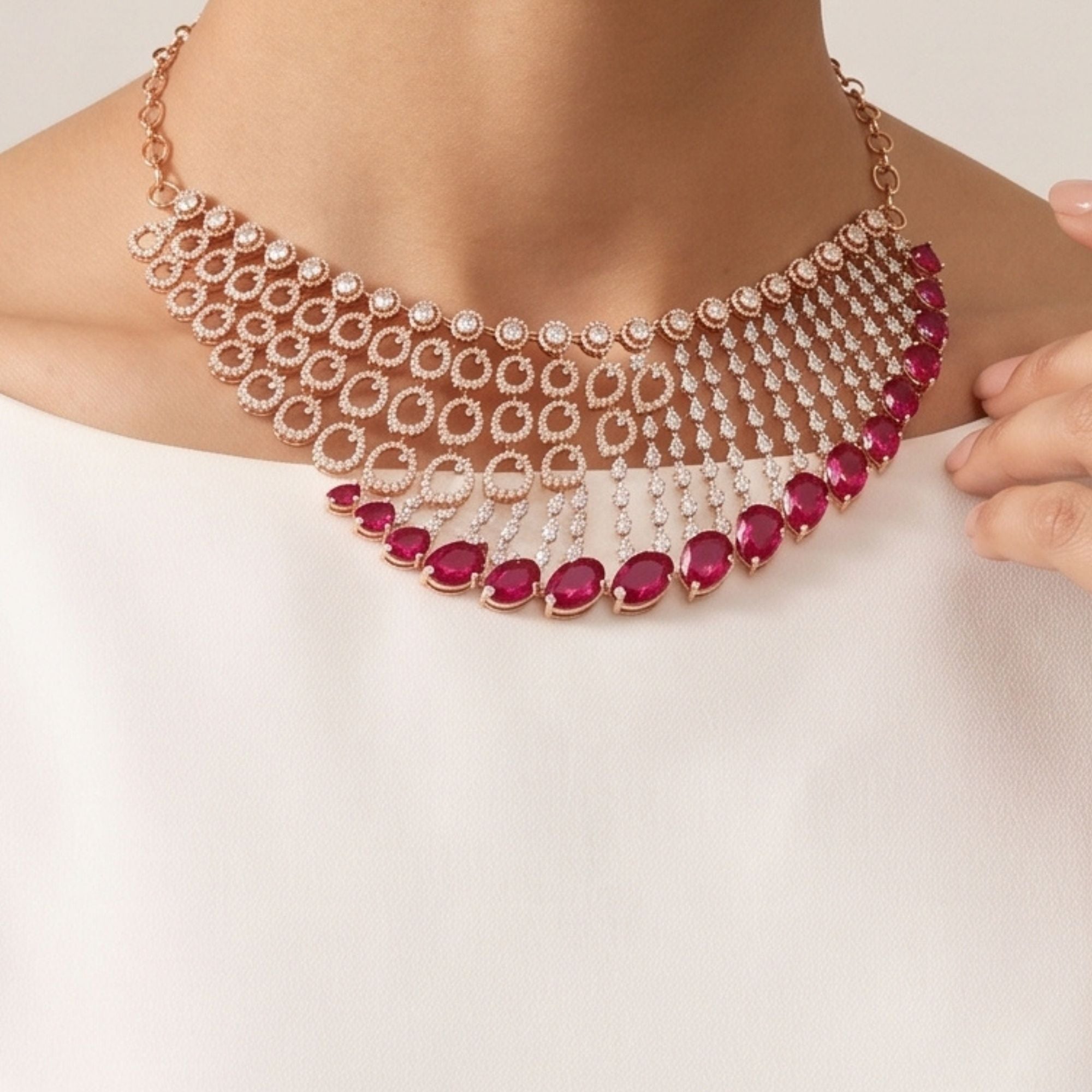 Ruby Cascade Bridal Necklace Set