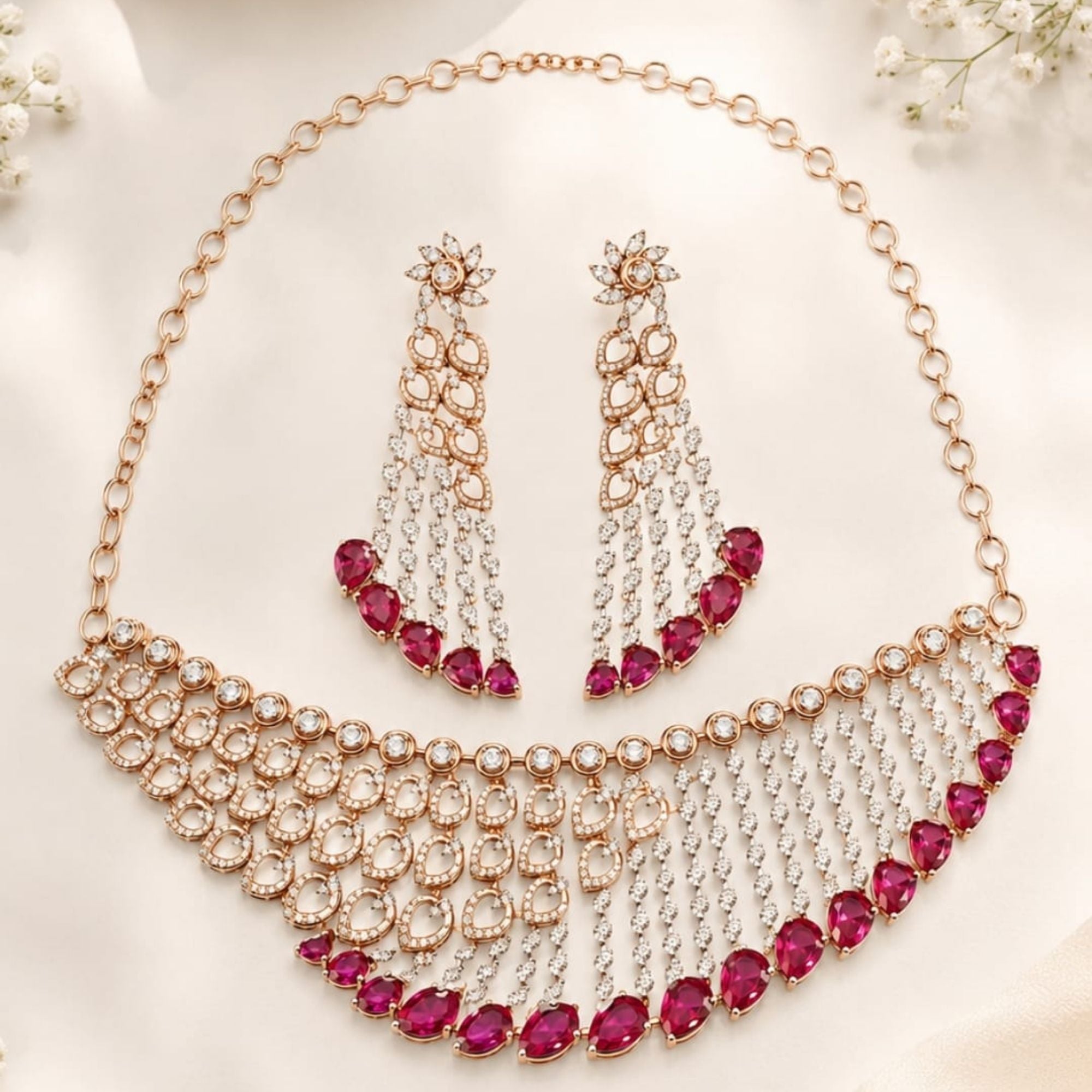 Ruby Cascade Bridal Necklace Set
