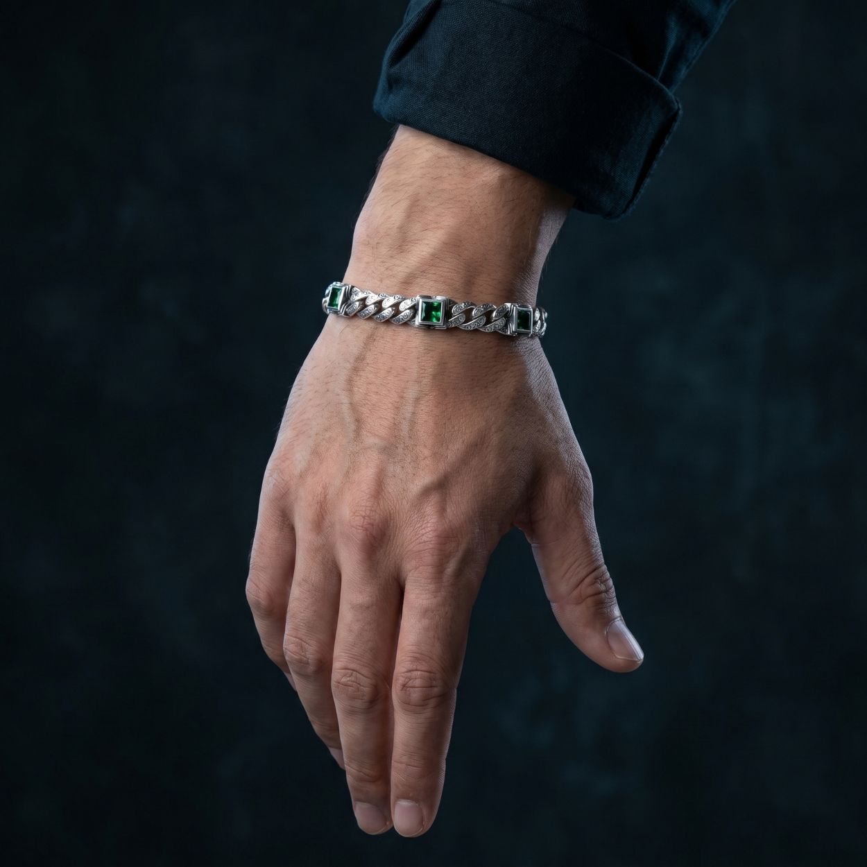 Emerald Zirconia Vintage Engraved Cuban Bracelet