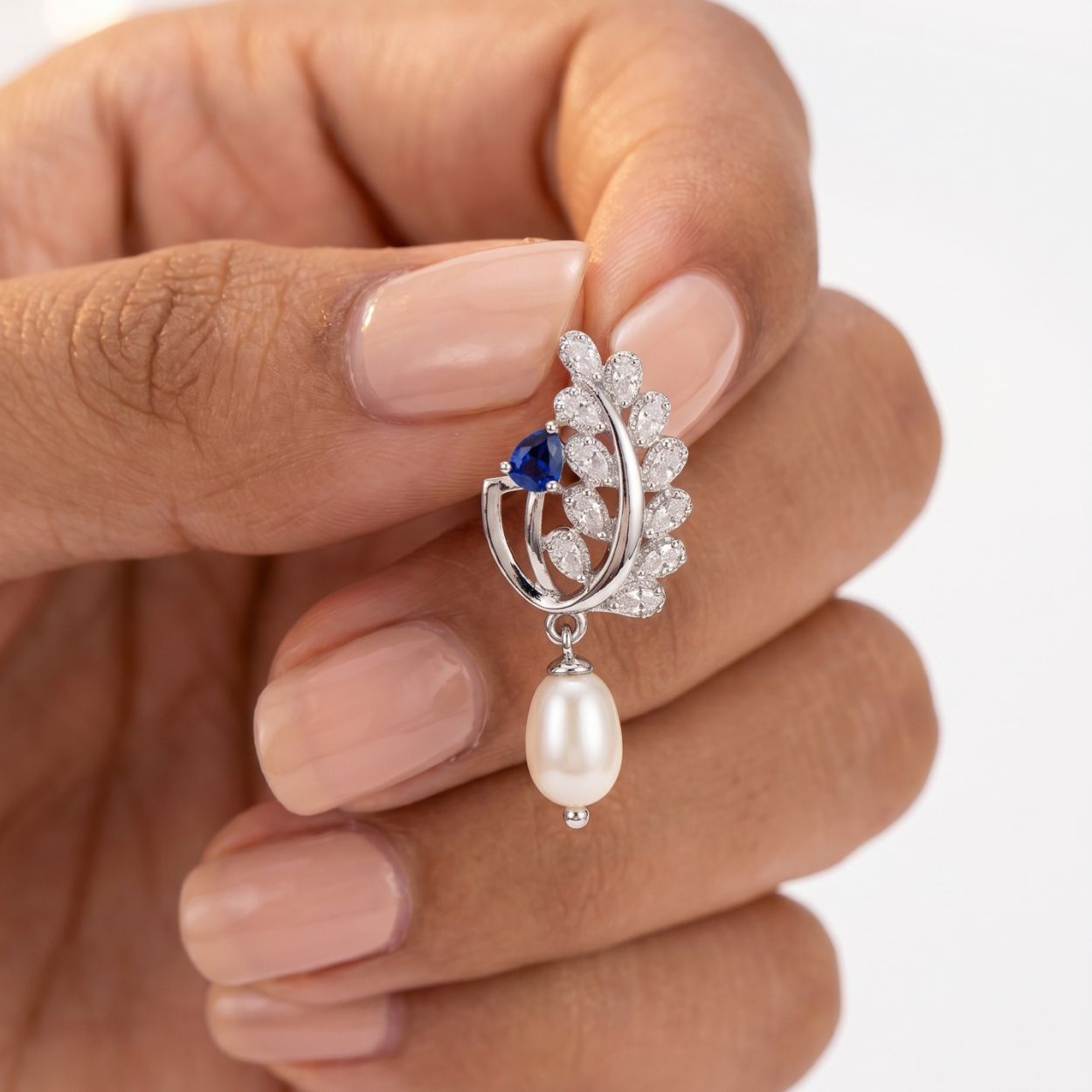 925 Silver Leaf Motif Pearl Drop Earrings with Zircon & Blue Accent