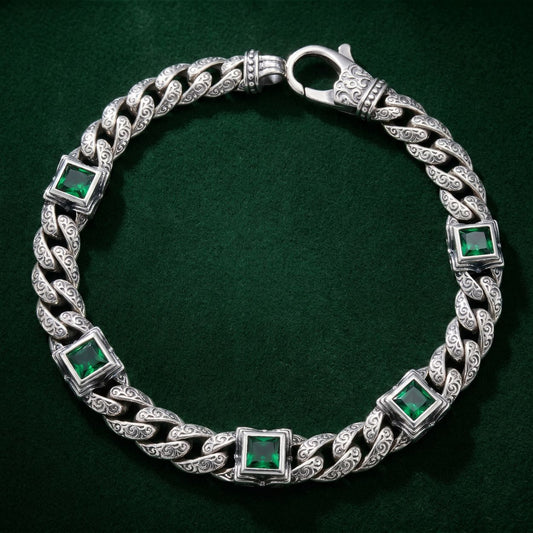 Emerald Zirconia Vintage Engraved Cuban Bracelet