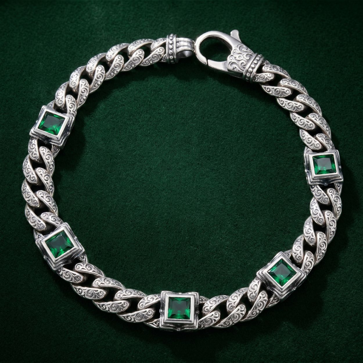 Emerald Zirconia Vintage Engraved Cuban Bracelet