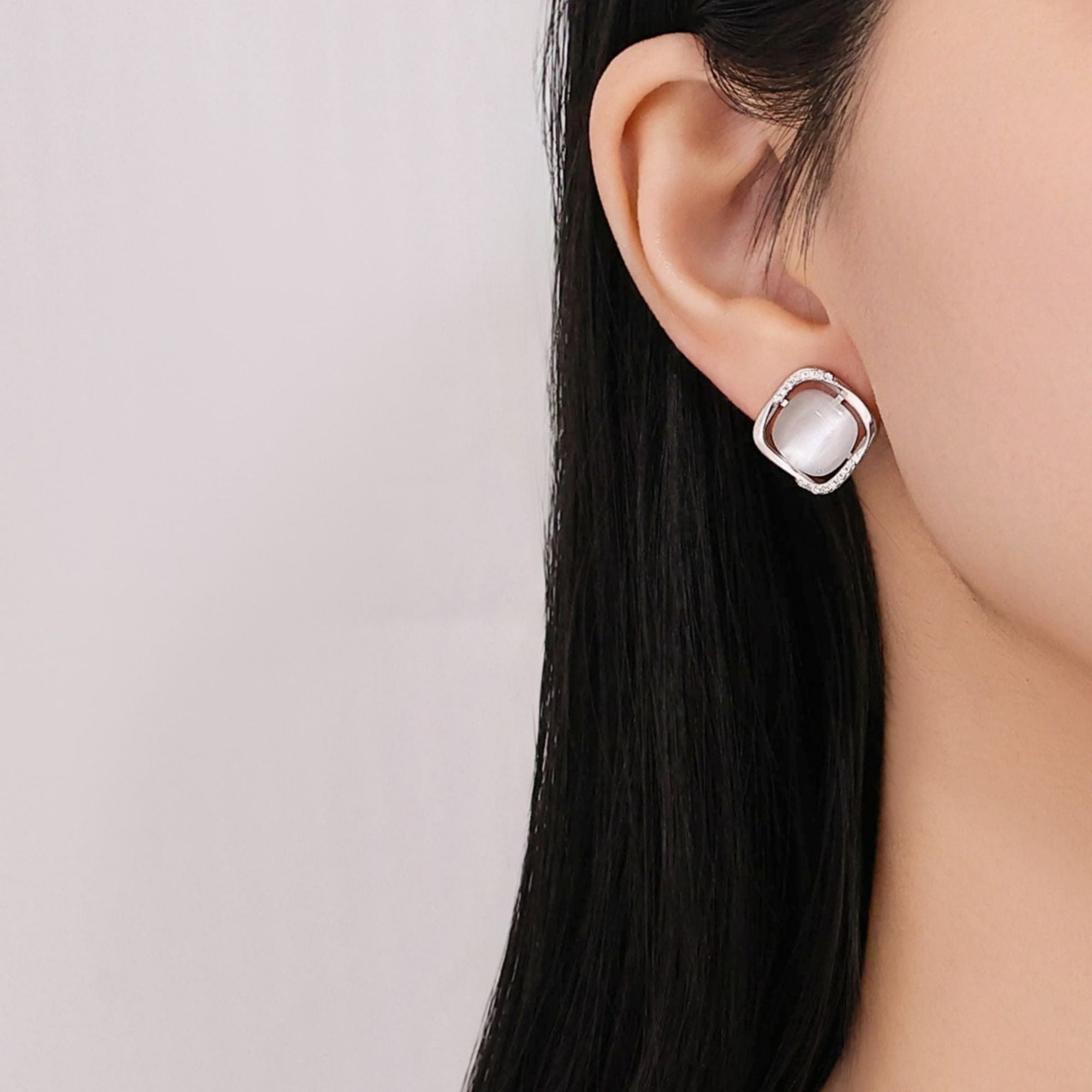 Moonstone Square Halo Stud Earrings