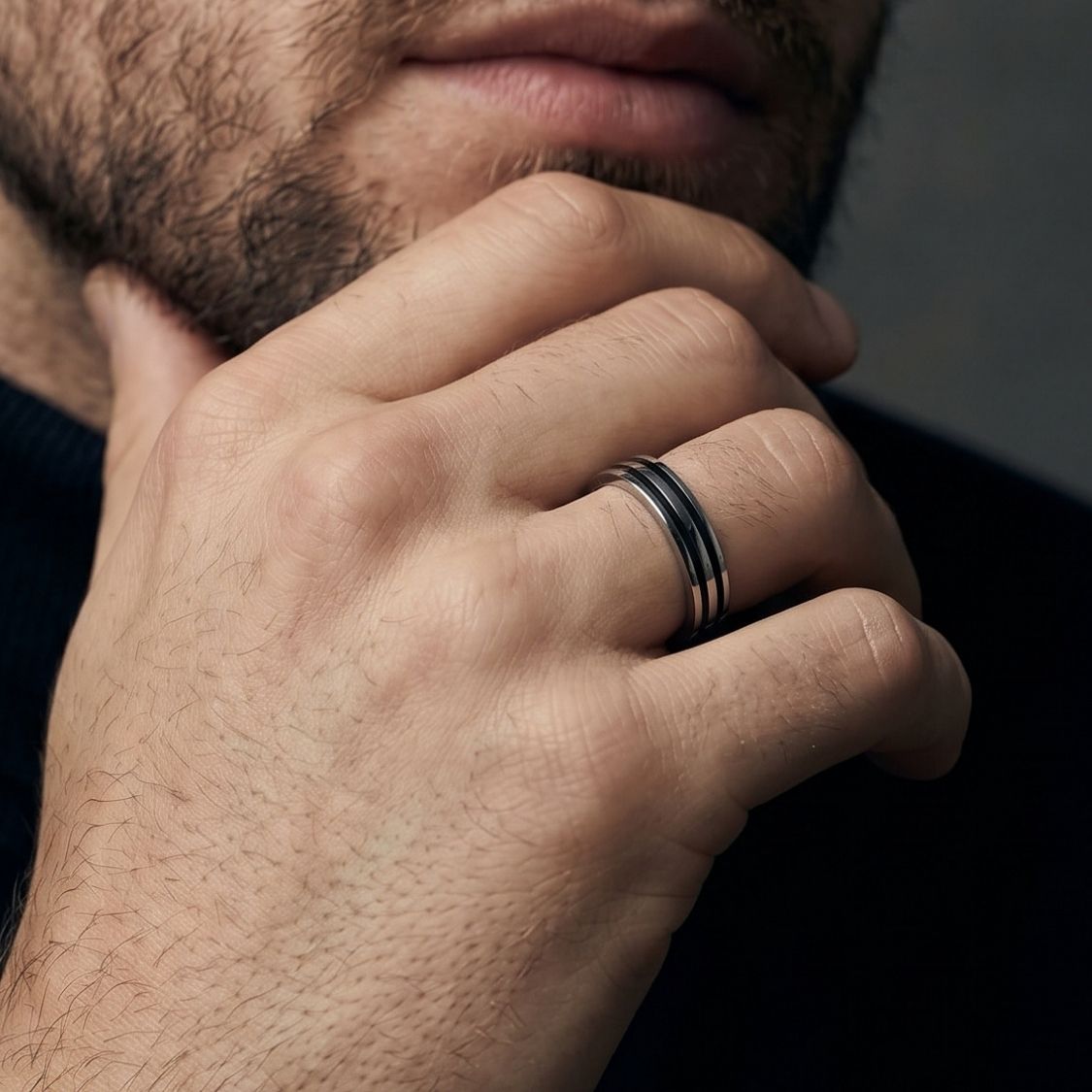 Black Line Enamel Men's Ring