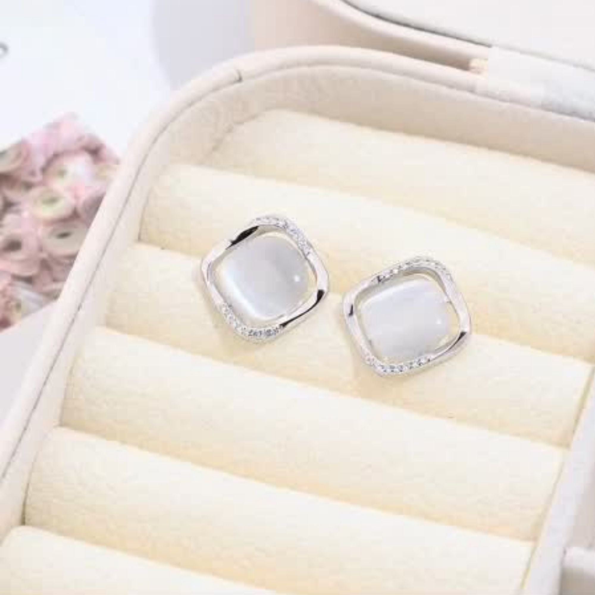 Moonstone Square Halo Stud Earrings