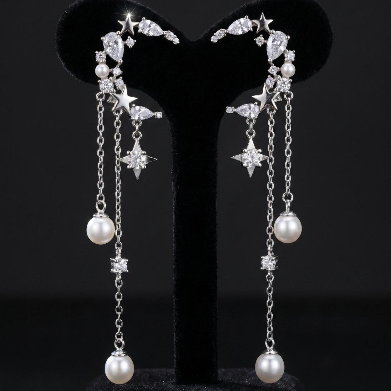 Celestial Moon & Star Pearl Dangle Earrings with Zircon
