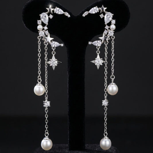 Celestial Moon & Star Pearl Dangle Earrings with Zircon