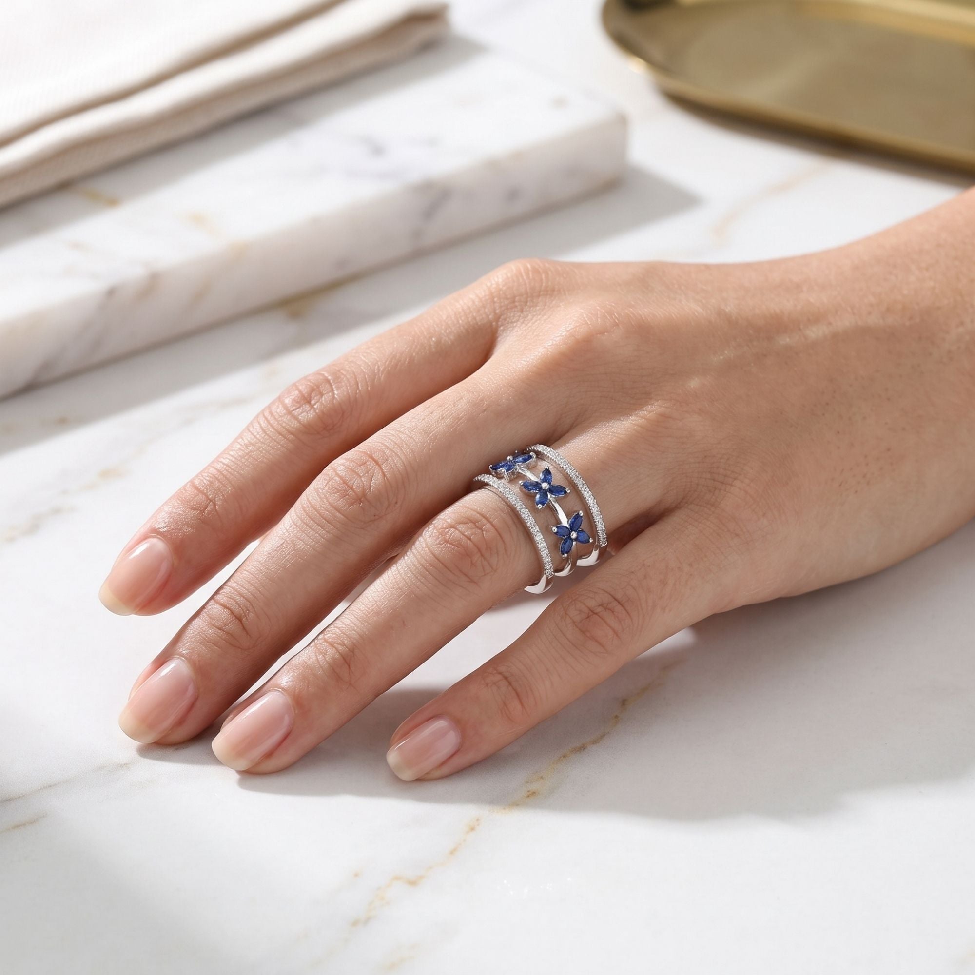 Sapphire Floral Triple Band Ring