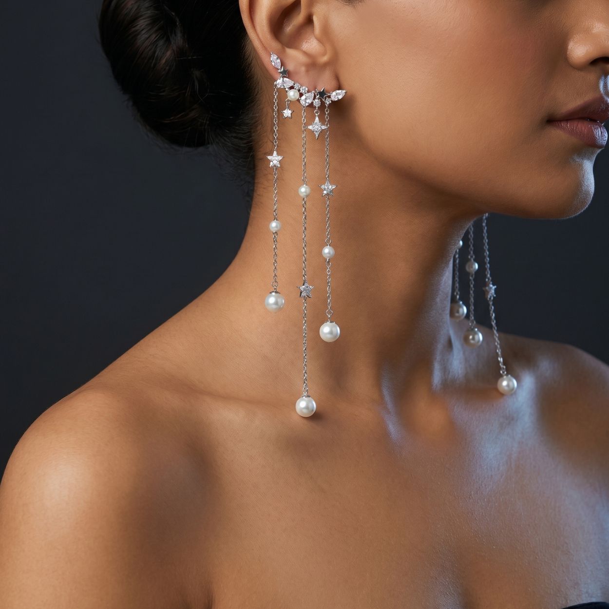 Celestial Moon & Star Pearl Dangle Earrings with Zircon