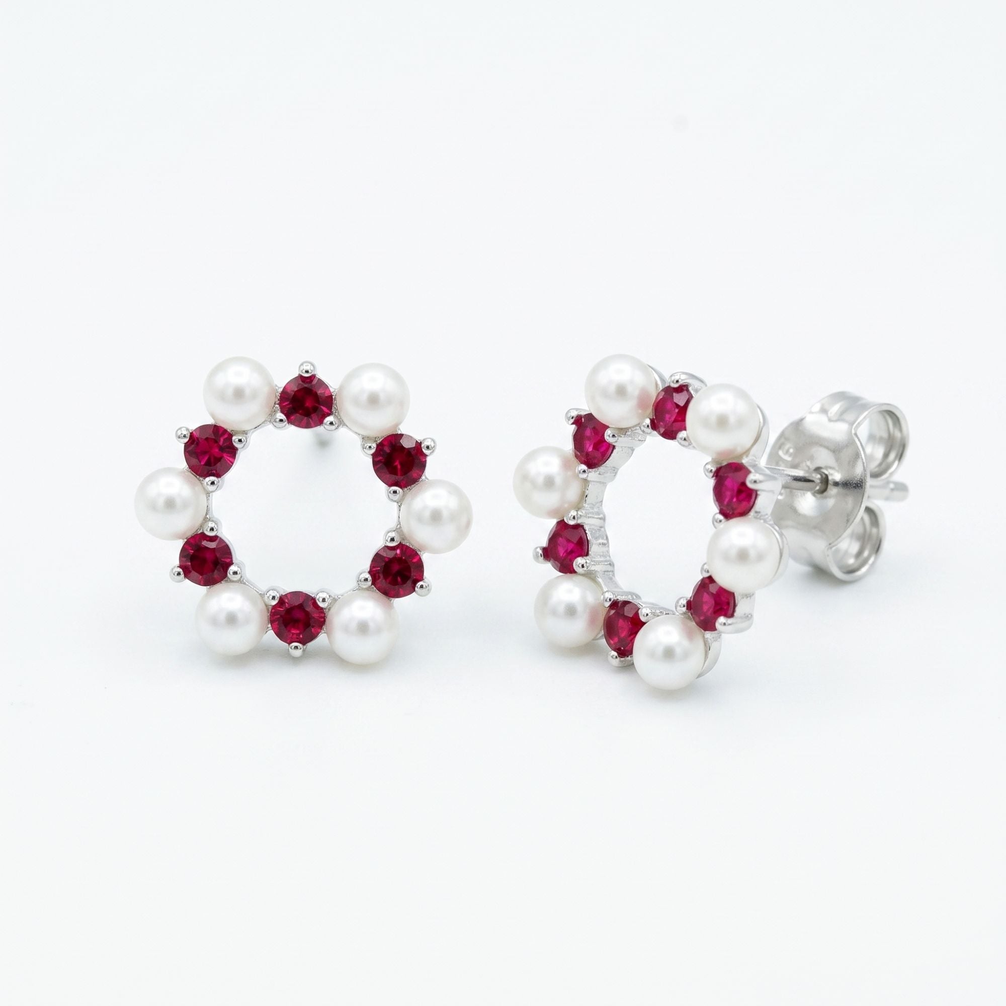 Ruby Pearl Circle Stud Earrings