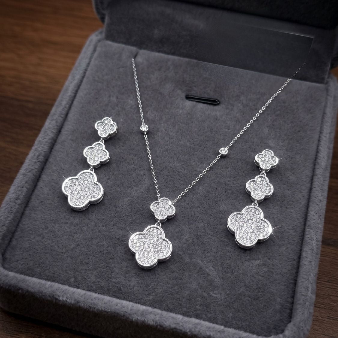 Pave Clover Drop Necklace Set