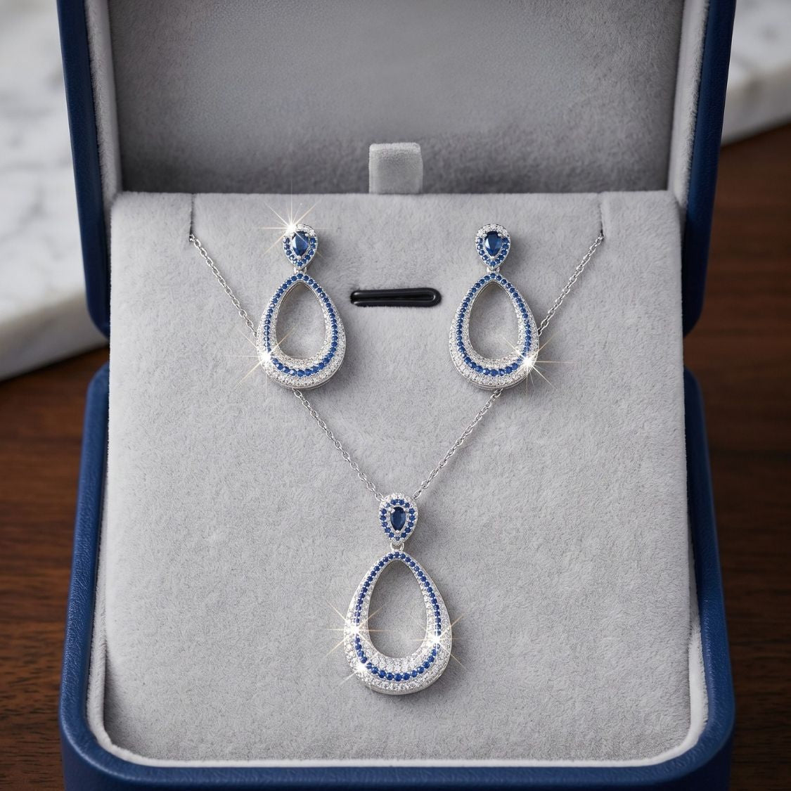 Sapphire Teardrop Halo Necklace Set
