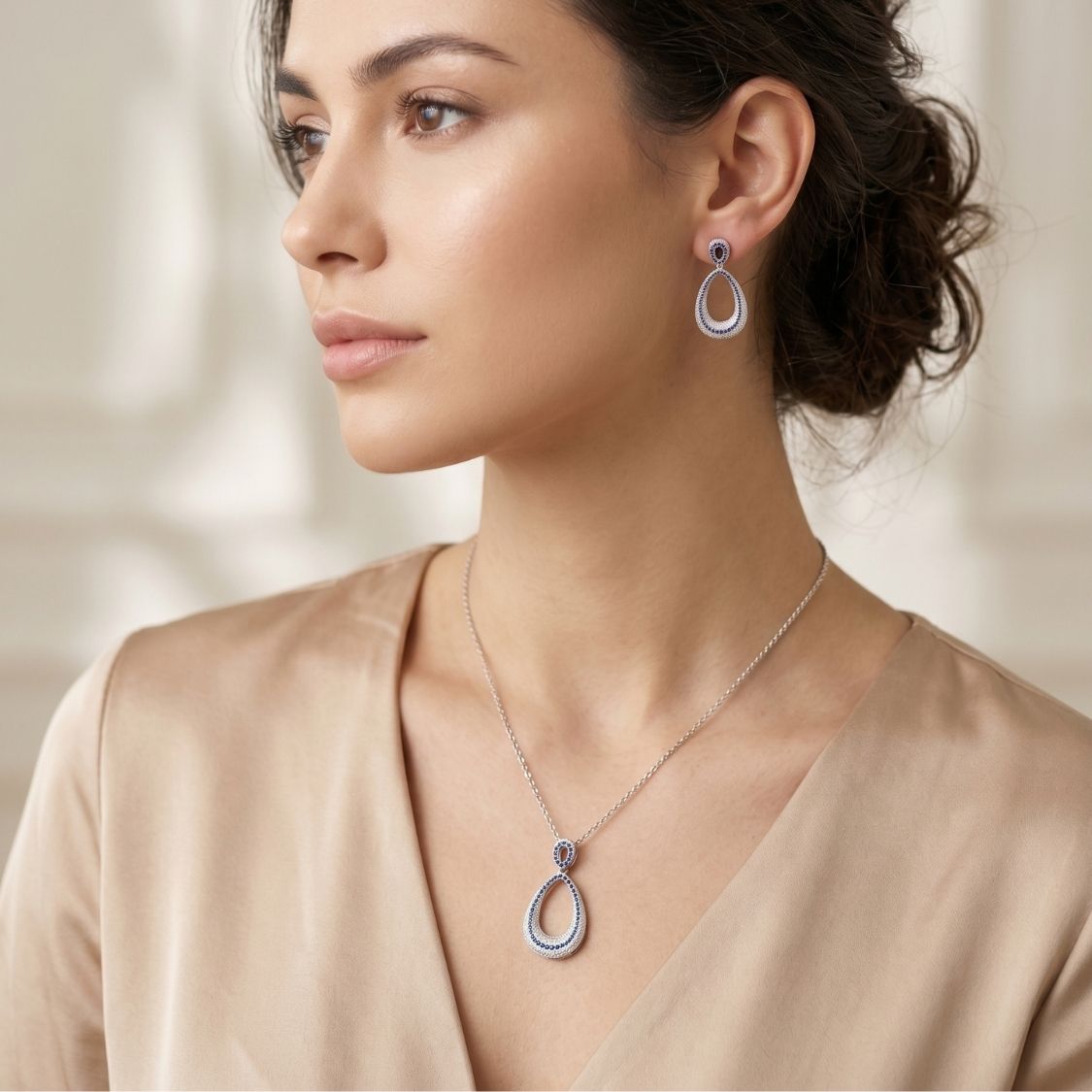 Sapphire Teardrop Halo Necklace Set