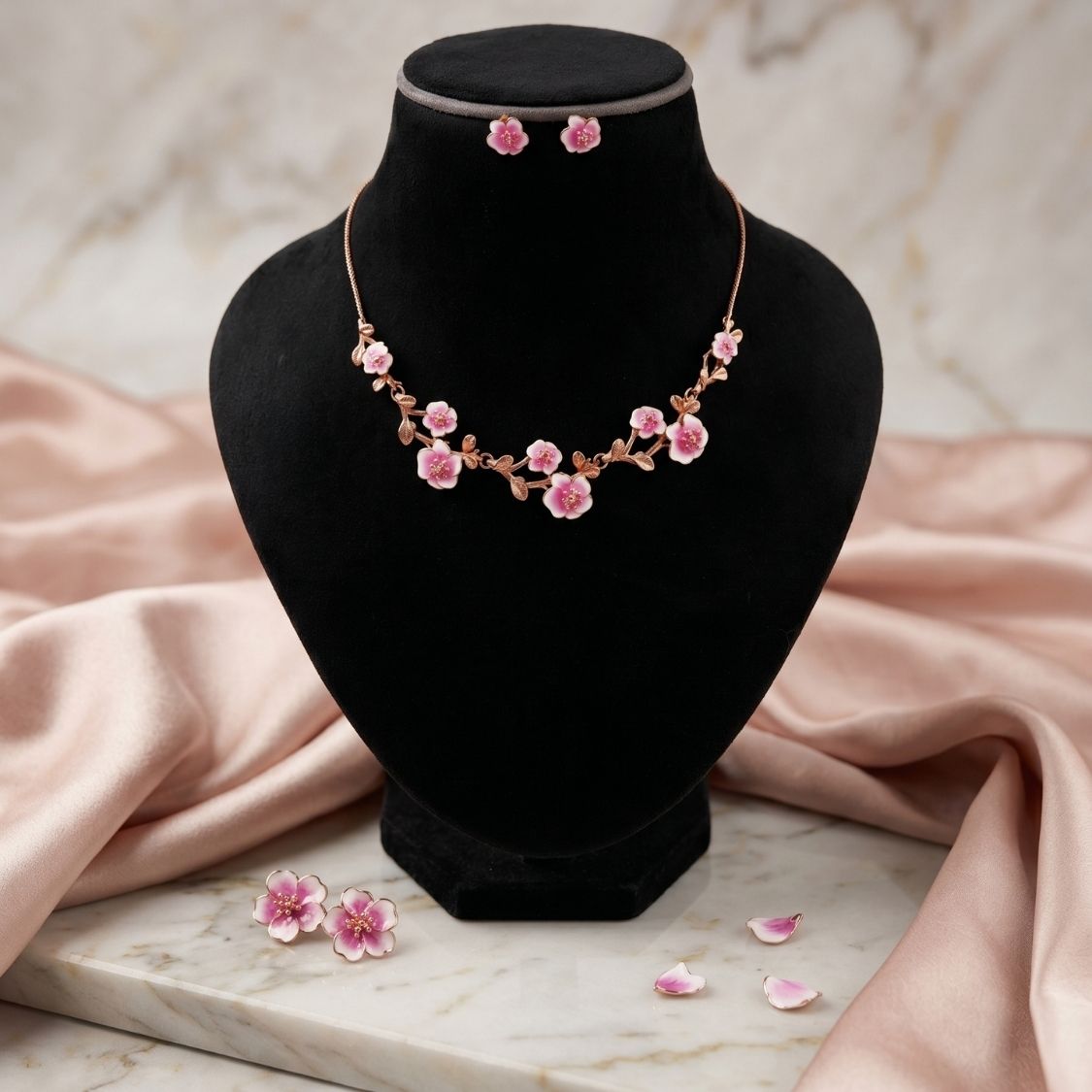 Cherry Blossom Enamel Necklace Set
