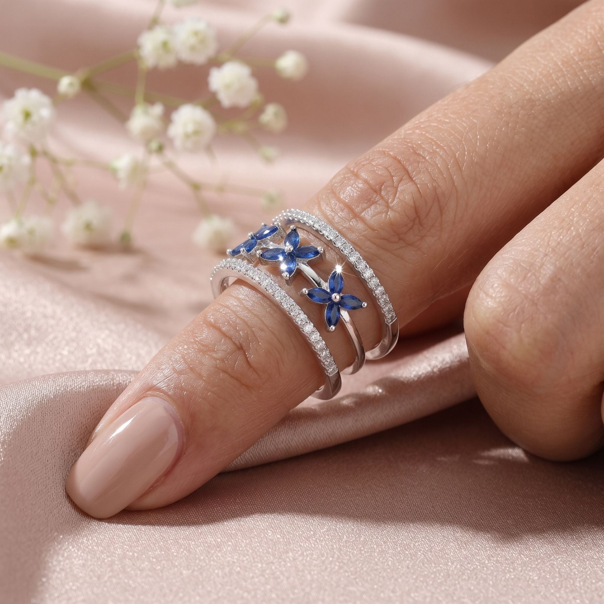 Sapphire Floral Triple Band Ring