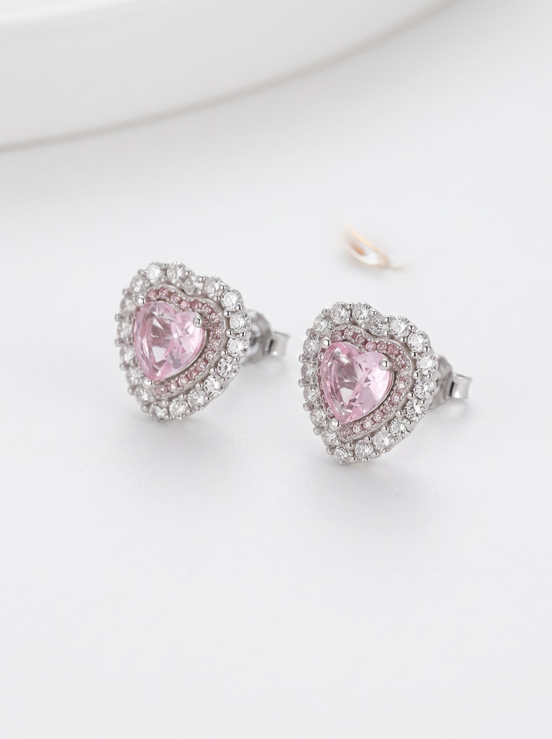 Pink Heart Double Halo Stud Earrings