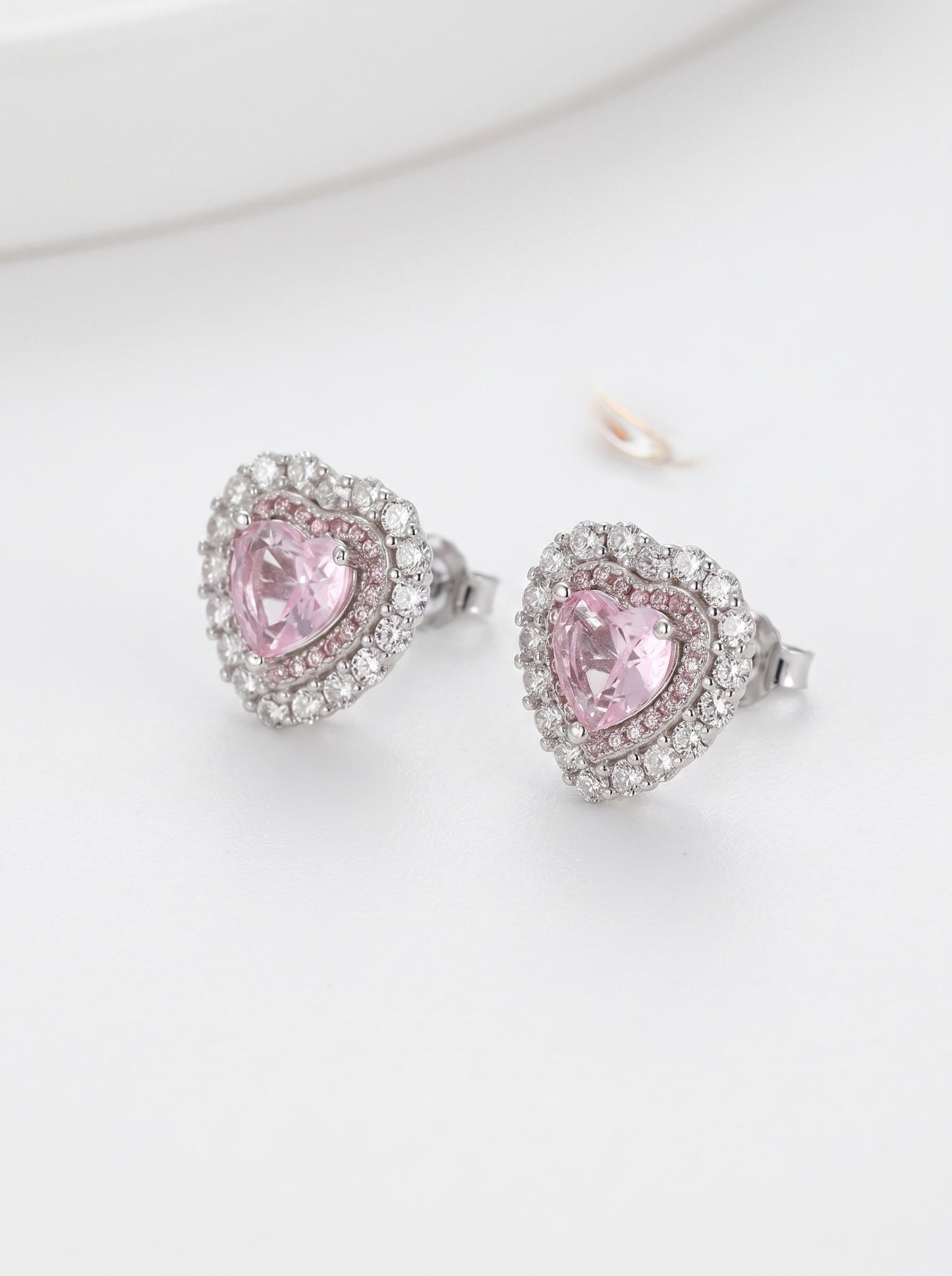 Pink Heart Double Halo Stud Earrings
