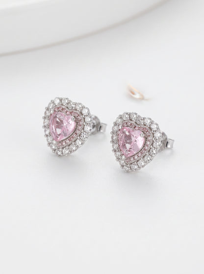 Pink Heart Double Halo Stud Earrings