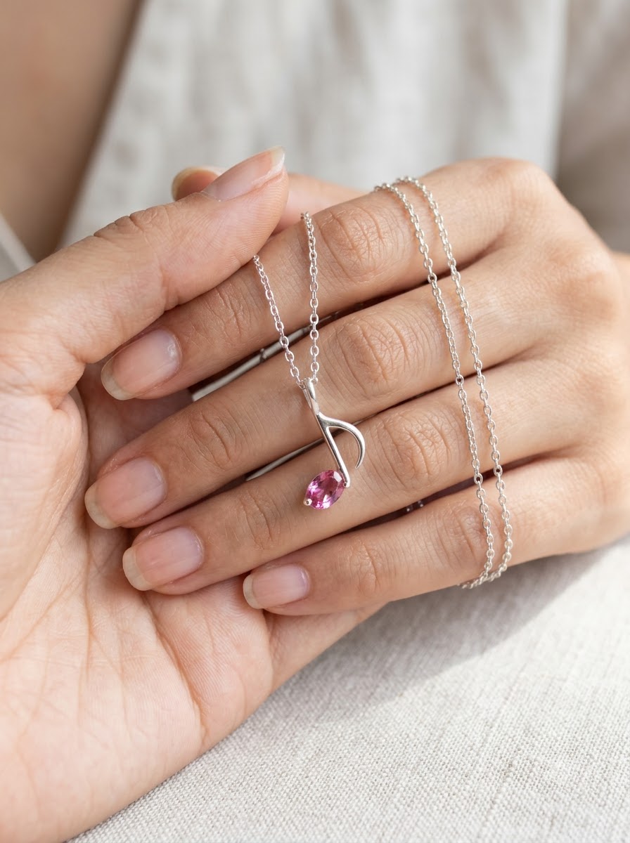 Music Note Pink Stone Necklace