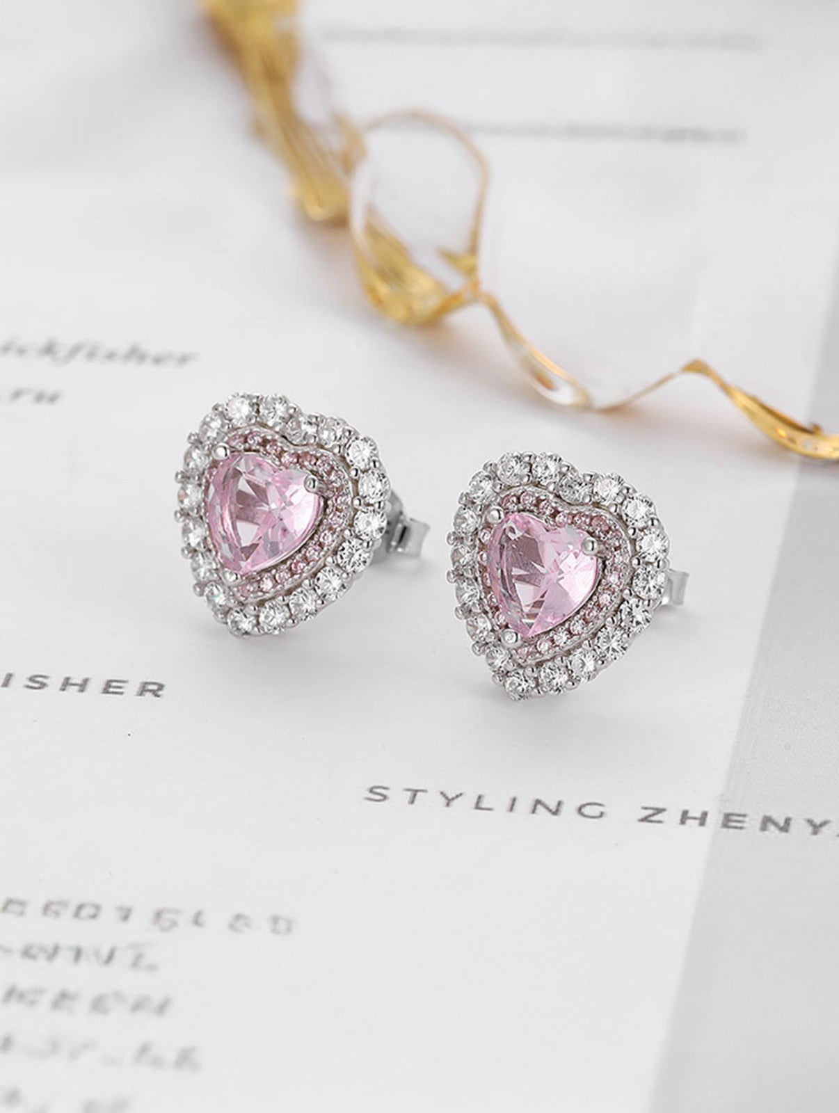 Pink Heart Double Halo Stud Earrings