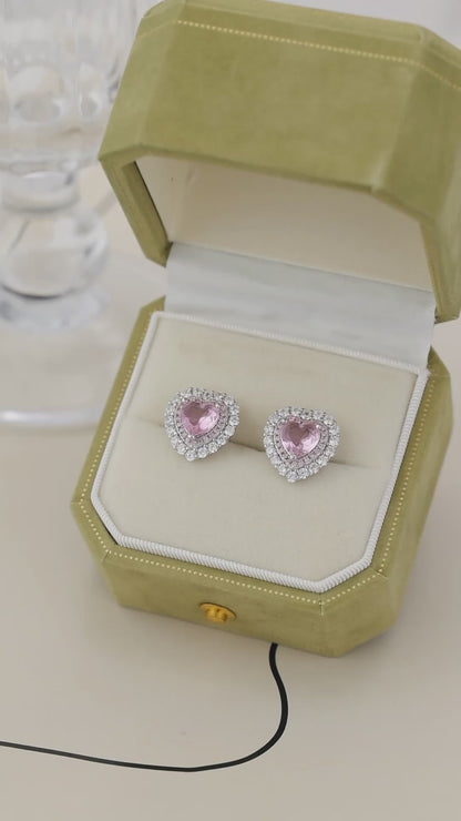 Pink Heart Double Halo Stud Earrings